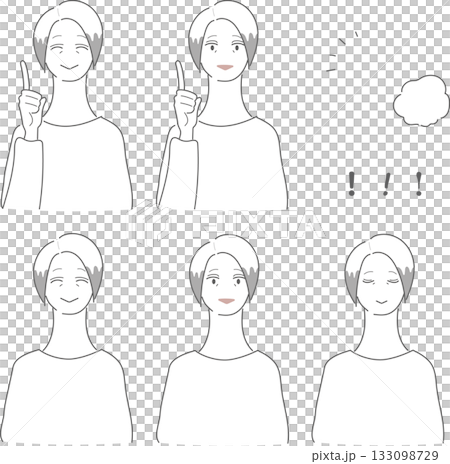 一組描繪不同臉部表情的老年女性的插畫素材 133098729