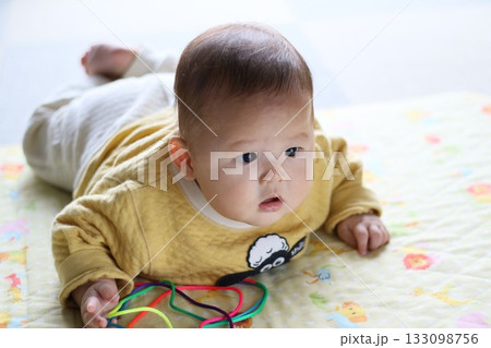 うつ伏せで遊ぶ6か月の赤ちゃん うつ伏せで遊ぶ6か月の赤ちゃん 133098756