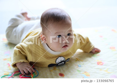 うつ伏せで遊ぶ6か月の赤ちゃん 133098765