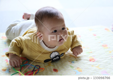 うつ伏せで遊ぶ6か月の赤ちゃん うつ伏せで遊ぶ6か月の赤ちゃん 133098766