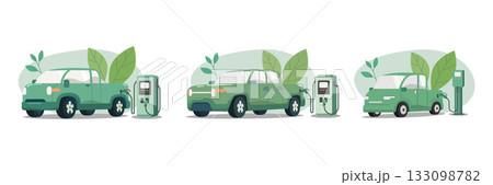 Set of Eco friendly sustainable, Electric pickup charging station, Clean green energy from renewable sources concept. Vector design illustration. 133098782