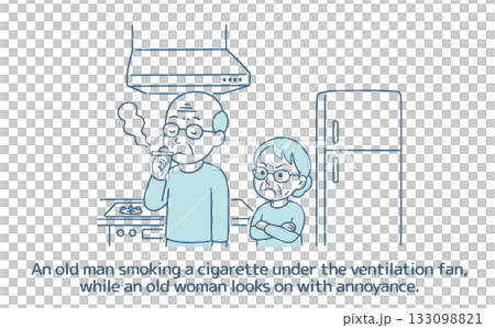 An old man smoking a cigarette under the ventilation fan, while an old woman looks on impatiently. An old man smoking a cigarette under the ventilation fan, while an old woman looks on impatiently. 133098821