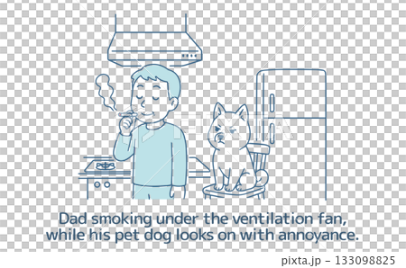 Dad smoking under the ventilation fan, while his pet dog looks on in annoyance. Dad smoking under the ventilation fan, while his pet dog looks on in annoyance. 133098825