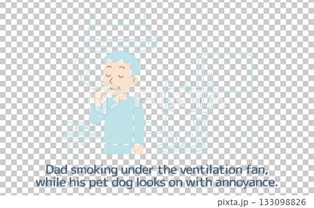 Dad smoking under the ventilation fan, while his pet dog looks on in annoyance. 133098826