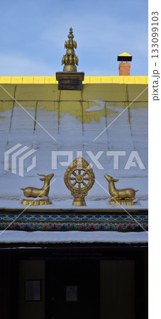 The photograph depicts part of the Irkutsk datsan architectural complex. A large, patterned metal structure is visible in the center of the frame, likely part of one of the temples or other buildings The photograph depicts part of the Irkutsk datsan architectural complex. A large, patterned metal structure is visible in the center of the frame, likely part of one of the temples or other buildings 133099103
