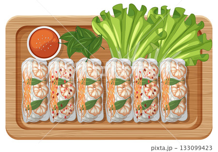 Fresh Shrimp Spring Rolls on Wooden Serving Tray Fresh Shrimp Spring Rolls on Wooden Serving Tray 133099423