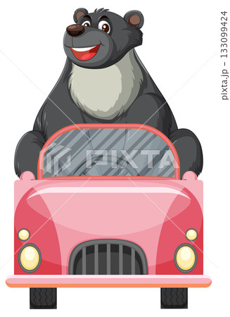 Smiling Cartoon Bear Driving a Red Convertible Car 133099424