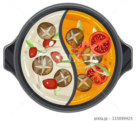 Yin Yang Hot Pot with Vegetables and Mushrooms 133099425