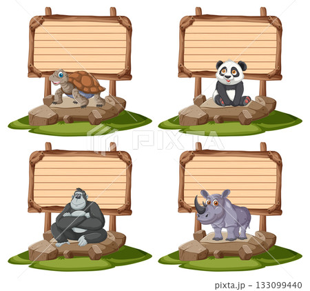 Zoo Animals Sitting by Wooden Signboards on Grass 133099440