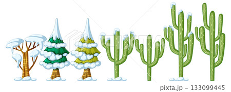 Snow Covered Pine Trees and Cacti Vector Illustration Snow Covered Pine Trees and Cacti Vector Illustration 133099445