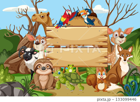 Cartoon Forest Animals Gathered Around Wooden Signboard Cartoon Forest Animals Gathered Around Wooden Signboard 133099446
