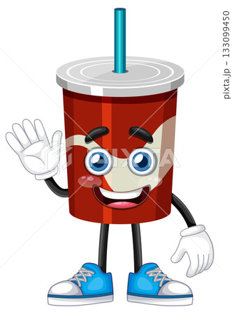 Smiling Cartoon Soda Cup Waving with Blue Sneakers Smiling Cartoon Soda Cup Waving with Blue Sneakers 133099450