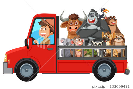 Zookeeper Driving Red Truck With Diverse Wild Animals 133099451