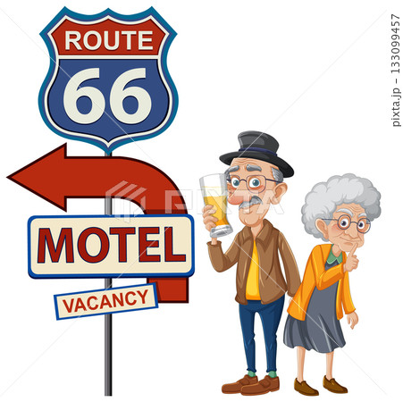 Elderly Couple Standing by Route 66 Motel Sign Elderly Couple Standing by Route 66 Motel Sign 133099457