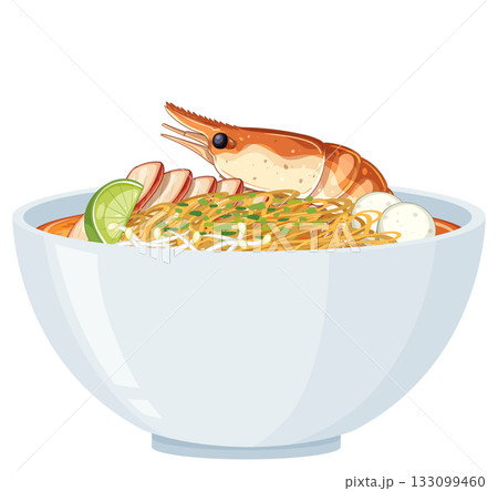 Shrimp Noodle Soup in White Ceramic Bowl 133099460