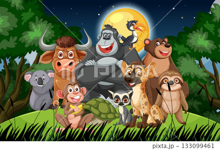 Group of Cartoon Jungle Animals Under Full Moon at Night 133099461