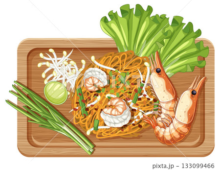 Shrimp Pad Thai Noodles on Wooden Serving Tray Illustration Shrimp Pad Thai Noodles on Wooden Serving Tray Illustration 133099466