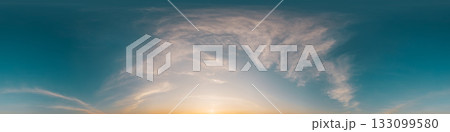 360 panorama of glowing sunset sky with bright Cirrus clouds. HDR 360 seamless spherical panorama. Full zenith or sky dome sky replacement for aerial drone panoramas. Climate and weather change. 360 panorama of glowing sunset sky with bright Cirrus clouds. HDR 360 seamless spherical panorama. Full zenith or sky dome sky replacement for aerial drone panoramas. Climate and weather change. 133099580