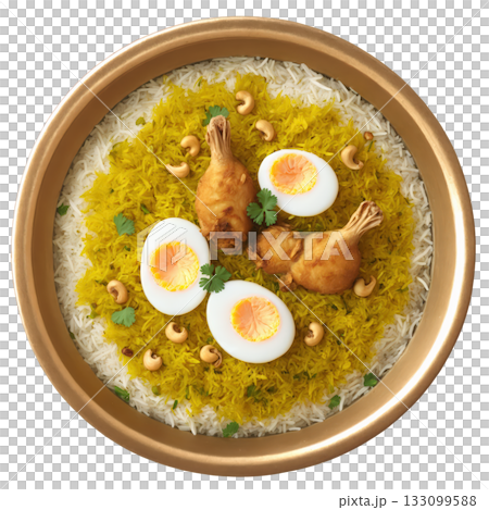 Hyderabadi Biryani - Aromatic layers of long-grain basmati rice cooked with tender chicken, caramelized onions, saffron, and a medley 133099588