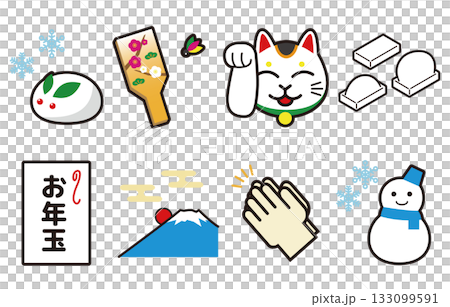 雪だるまとお正月の縁起物のイラスト 133099591