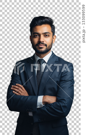 A South Asian male CEO standing in front of a misty gradient, arms crossed and posture commanding, symbolizing clarity from 133099599
