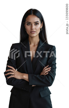 A Latina businesswoman standing in a bright, high-end office space, with a focused and confident expression. Her strong posture conveys 133099600