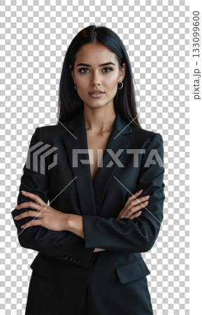 A Latina businesswoman standing in a bright, high-end office space, with a focused and confident expression. Her strong posture conveys 133099600