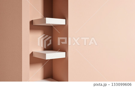Floating Shelf Nook - Slight upward angle of white floating shelves in corner studio, each shelf empty, indirect cove lighting 133099606