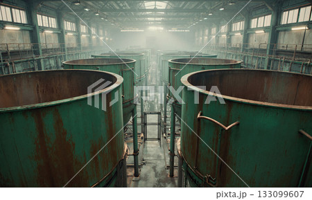 Vacant Vat Valley - Giant mixing vats stand open and dry, wide shot from catwalk above, ambient glow from safety 133099607
