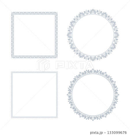Set of decorative frames Elegant vector element for design in Eastern style, place for text. Floral gray and white borders. Lace illustration for invitations and greeting cards Set of decorative frames Elegant vector element for design in Eastern style, place for text. Floral gray and white borders. Lace illustration for invitations and greeting cards 133099676
