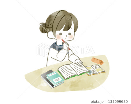 勉強している女子学生-水彩 133099680