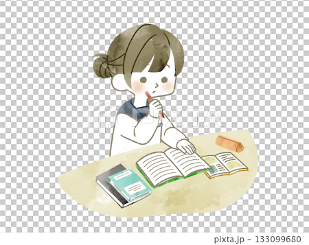 勉強している女子学生-水彩 133099680