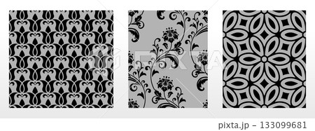 Geometric floral set of seamless patterns. Gray and black vector backgrounds. Damask graphic ornaments 133099681