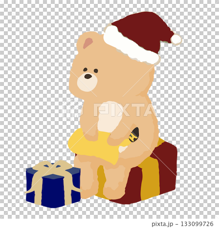 一隻熊在冬日音樂會上演奏中音薩克斯風 | 一頂溫馨的聖誕帽插圖 133099726