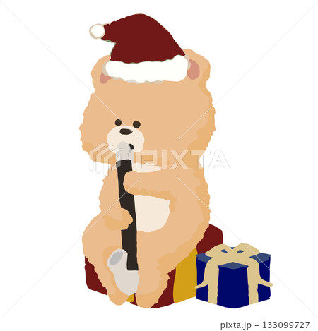 冬の音楽会でバスクラリネットを演奏するクマ｜サンタ帽のかわいい吹奏楽イラスト 133099727