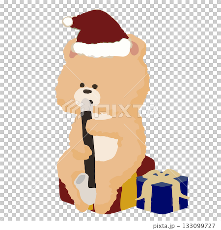 一隻熊在冬季音樂會上演奏低音單簧管 | 戴著聖誕帽的銅管樂隊可愛插圖 133099727