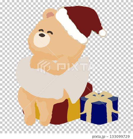 A bear playing the euphonium at a winter concert | Heartwarming animal illustration in a Santa hat 133099729