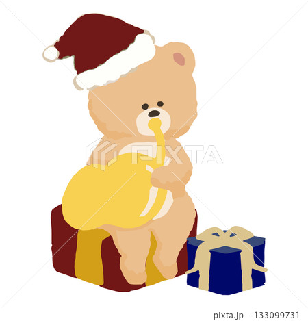 冬の音楽会でホルンを演奏するクマ｜サンタ帽をかぶったかわいい動物イラスト 133099731
