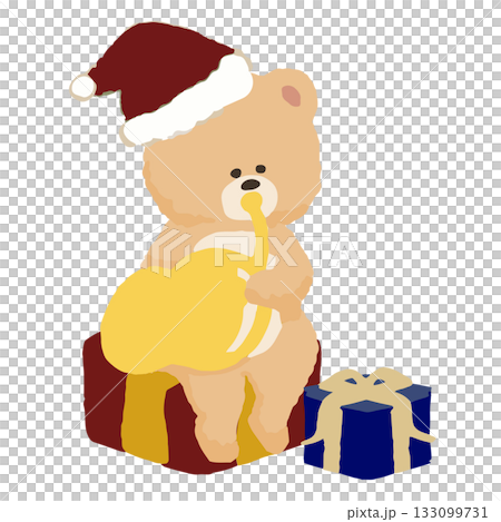 冬の音楽会でホルンを演奏するクマ｜サンタ帽をかぶったかわいい動物イラスト 133099731