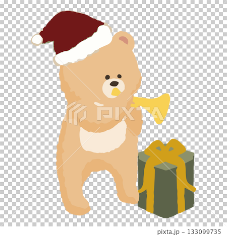 冬の音楽会でトランペットを演奏するクマ｜かわいいサンタ帽の冬イラスト 133099735