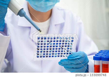Scientist with cell culture in sample micro plate for research in science laboratory. Scientist with cell culture in sample micro plate for research in science laboratory. 133099748
