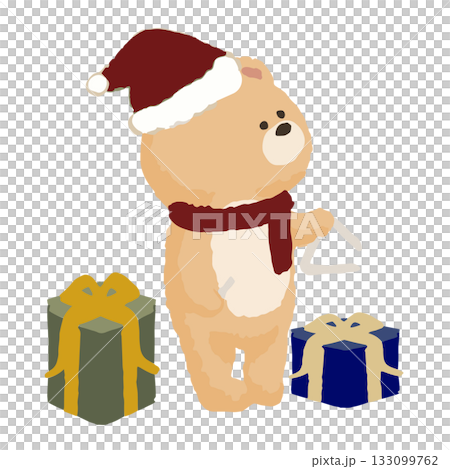 一隻熊在冬日音樂會上演奏三角鐵 | 可愛的冬日插畫，戴著聖誕帽 133099762