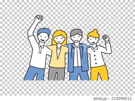 Men and women are cheering with their arms around each other's shoulders Men and women are cheering with their arms around each other's shoulders 133099812