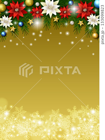 クリスマス背景、雪の結晶、金、ポインセチア、モミの木、かわいい、イラスト、縦 133099823