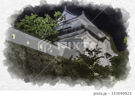 水彩画風 夜の福山城 月見櫓 広島県福山市 水彩画風 夜の福山城 月見櫓 広島県福山市 133099923