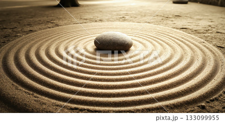 Zen Garden Abstraction Meticulously raked sand creating concentric patterns around singular stone in monochromatic neutral palette without contextual garden elements. Zen Garden Abstraction Meticulously raked sand creating concentric patterns around singular stone in monochromatic neutral palette without contextual garden elements. 133099955