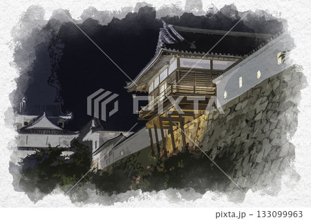 水彩画風 夜の福山城 御湯殿と伏見櫓 広島県福山市 水彩画風 夜の福山城 御湯殿と伏見櫓 広島県福山市 133099963