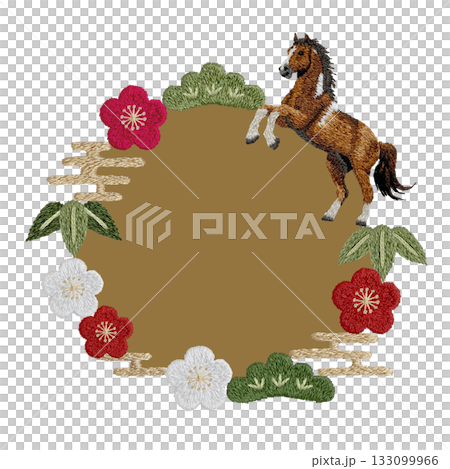 【馬と松竹梅の色付き丸枠】手刺繍イラスト素材 133099966