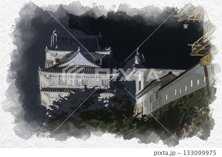 水彩画風　夜の福山城　伏見櫓　広島県福山市 133099975