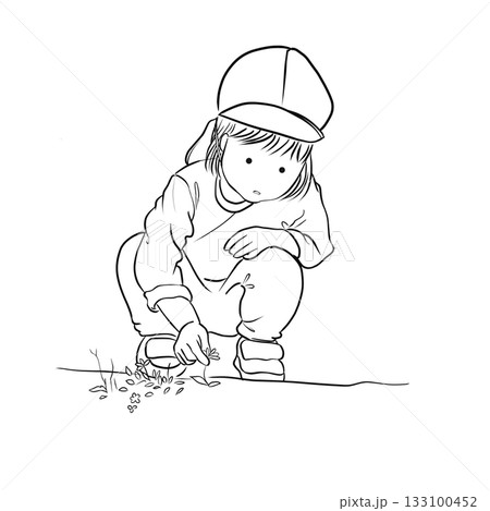 園庭で花を見つける子どもの線画イラスト｜Line drawing of a child findin 133100452